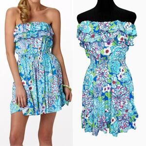 Lilly Pulitzer Dress Quincy Worth Blue May Flowers Strapless Beach Vacation S